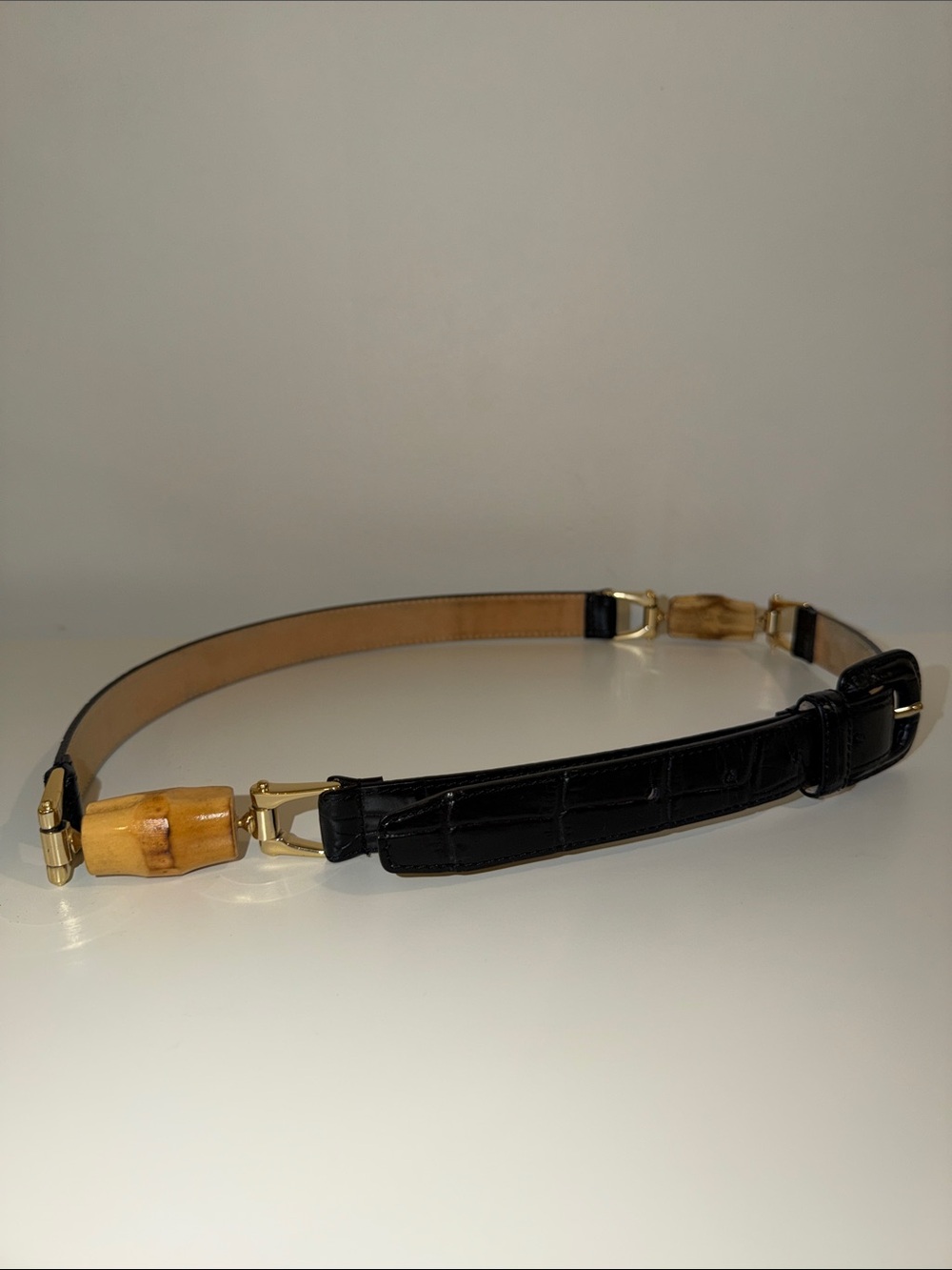 J McLaughlin Belt Croc Embossed Leather With Bamboo Side Detail Belt, Sz Med